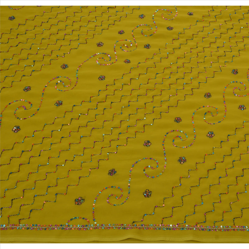 Sanskriti Vintage Antique Indian Saree Georgette Hand Embroidery Green Sustainable Fabric Sari Sequins