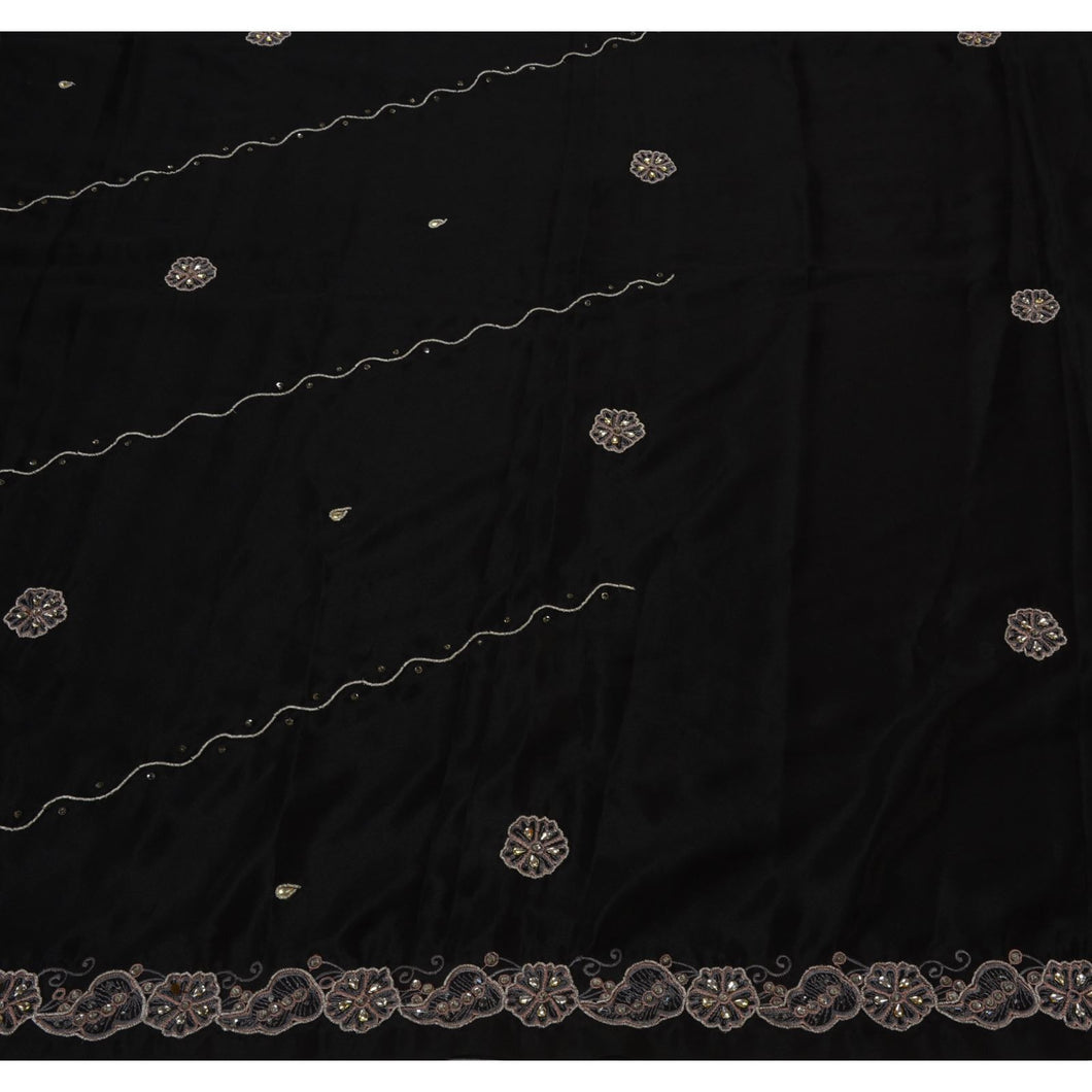 Sanskriti Vintage Indian Black Saree Art Silk Hand Beaded Fabric Ethnic Sari Kundan