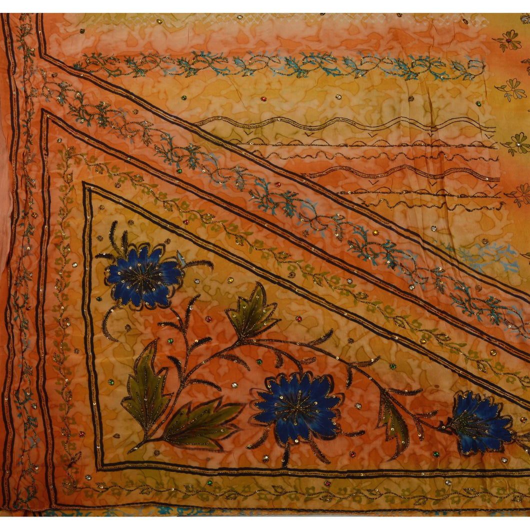 Sanskriti Vintage Indian Saree Crepe Silk Hand Beaded Craft Fabric Sari Kundan