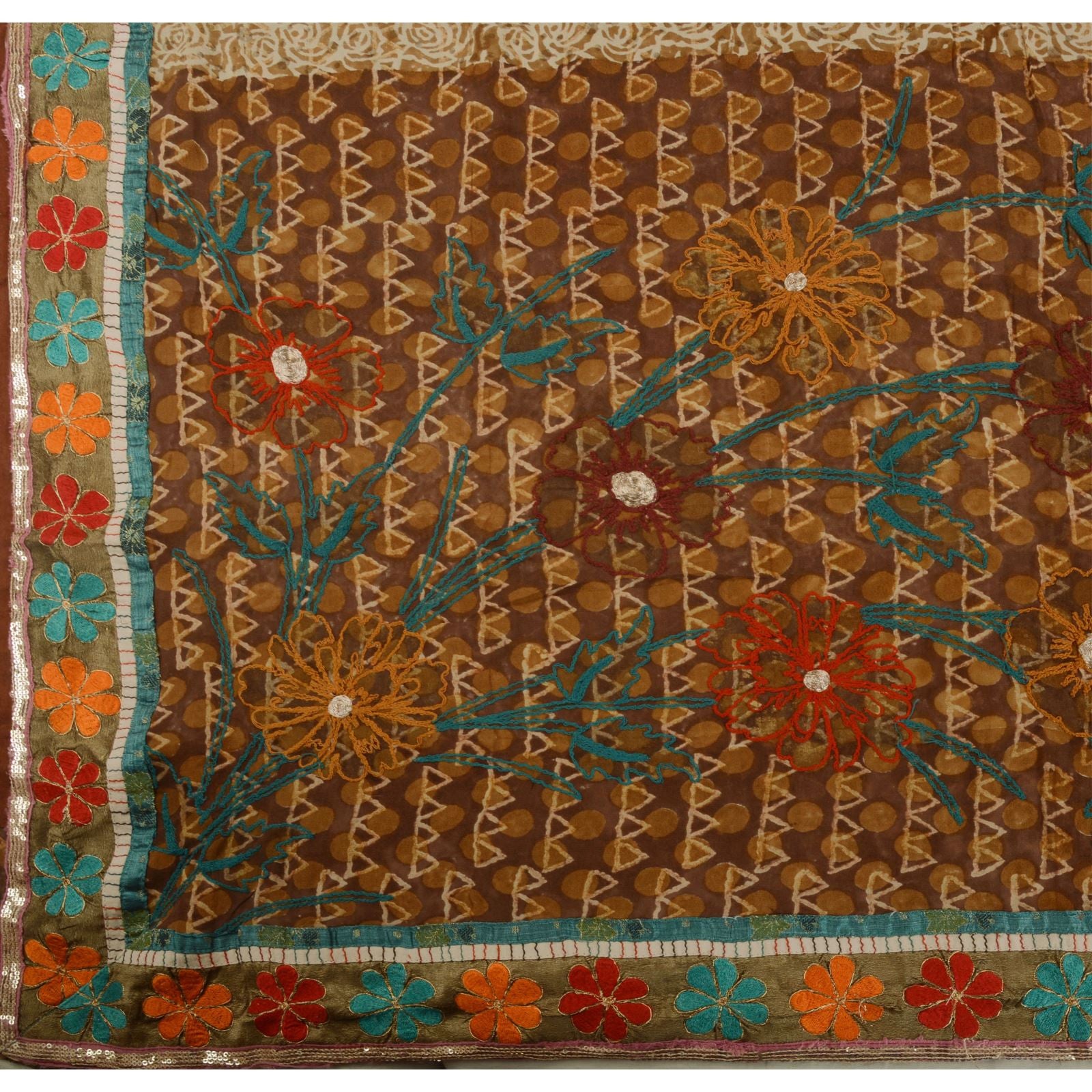 Sanskriti Vintage Indian Saree 100% Pure Georgette Silk Hand Embroidered Craft Sustainable Fabric Sari