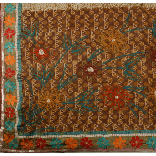 Sanskriti Vintage Indian Saree 100% Pure Georgette Silk Hand Embroidered Craft Sustainable Fabric Sari