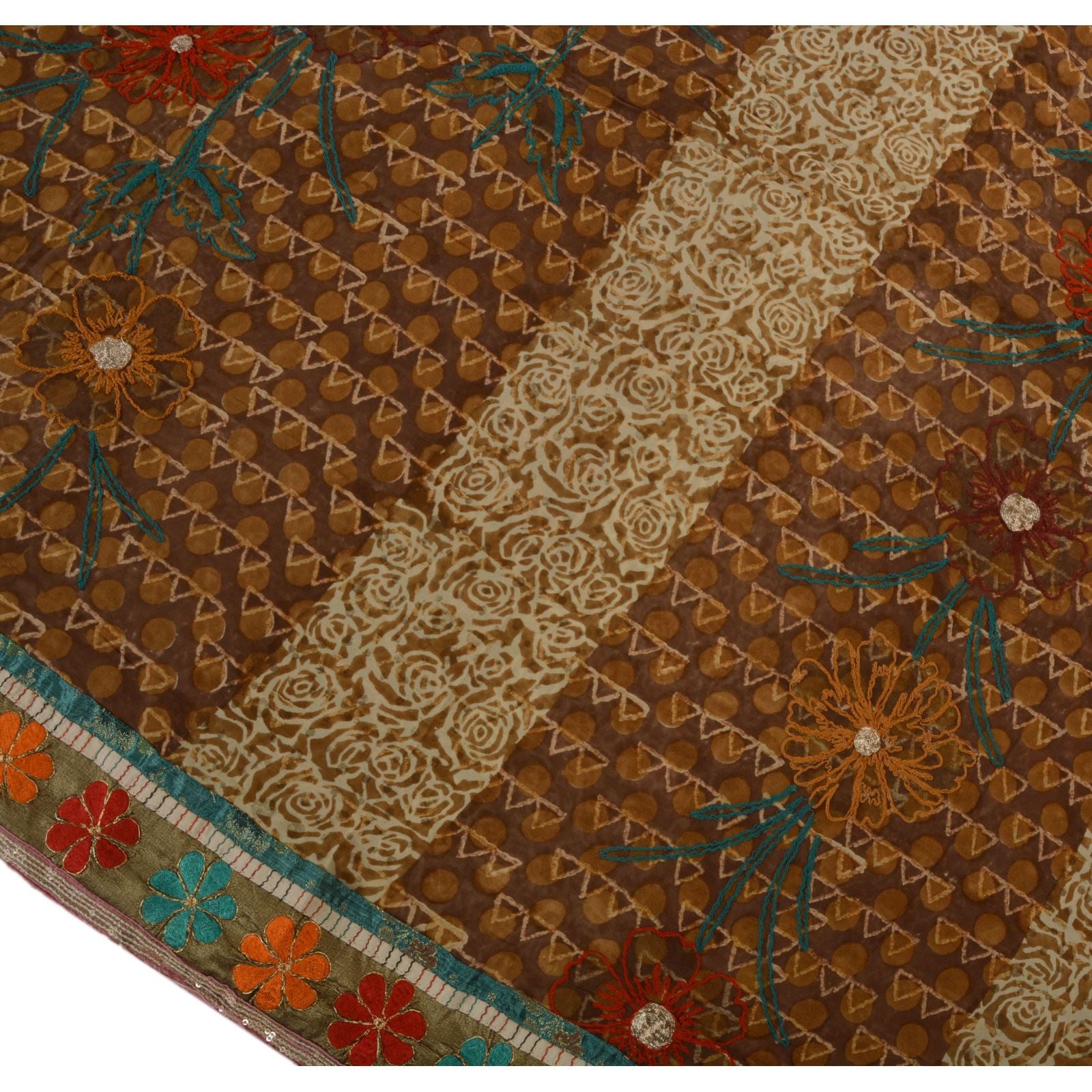 Sanskriti Vintage Indian Saree 100% Pure Georgette Silk Hand Embroidered Craft Sustainable Fabric Sari