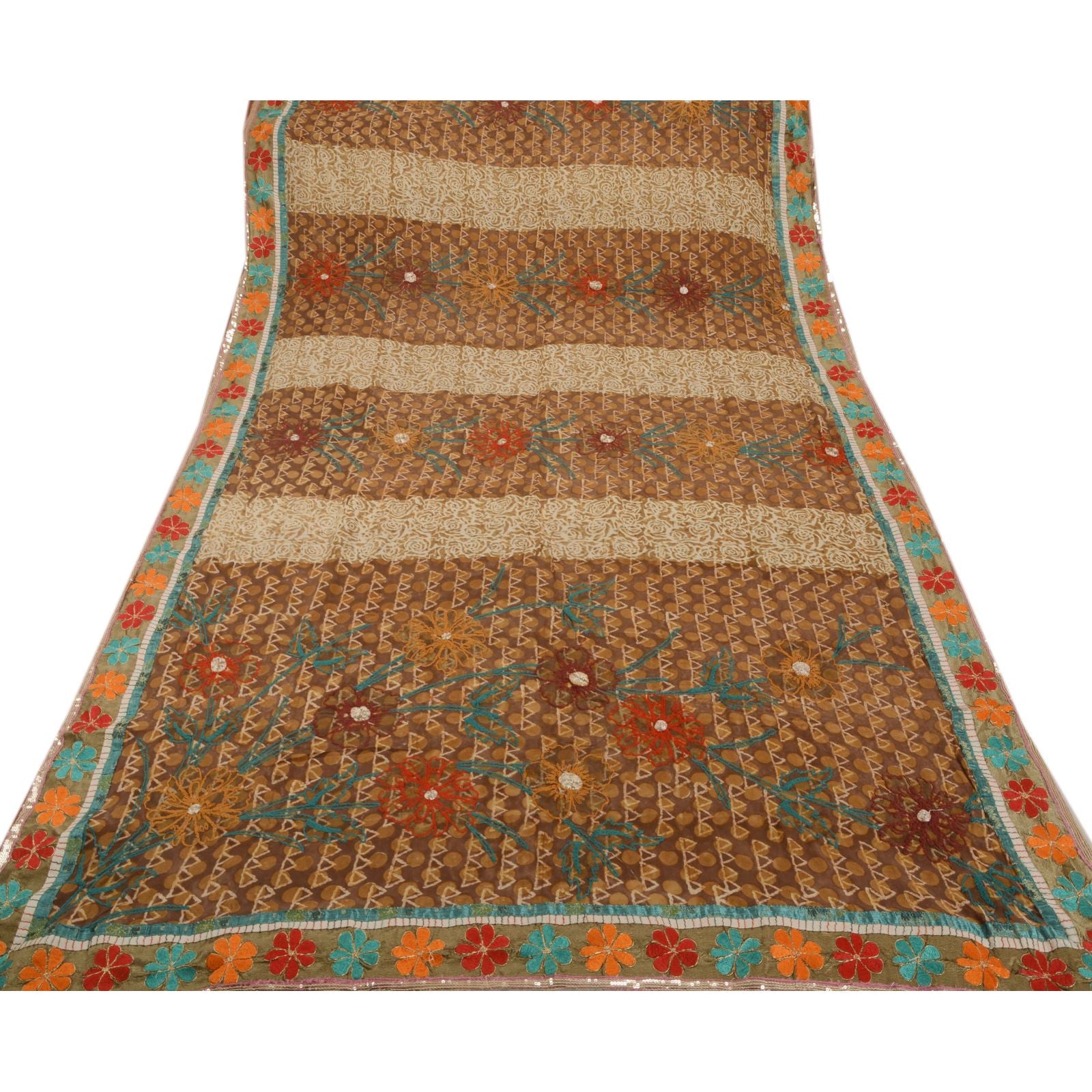 Sanskriti Vintage Indian Saree 100% Pure Georgette Silk Hand Embroidered Craft Sustainable Fabric Sari