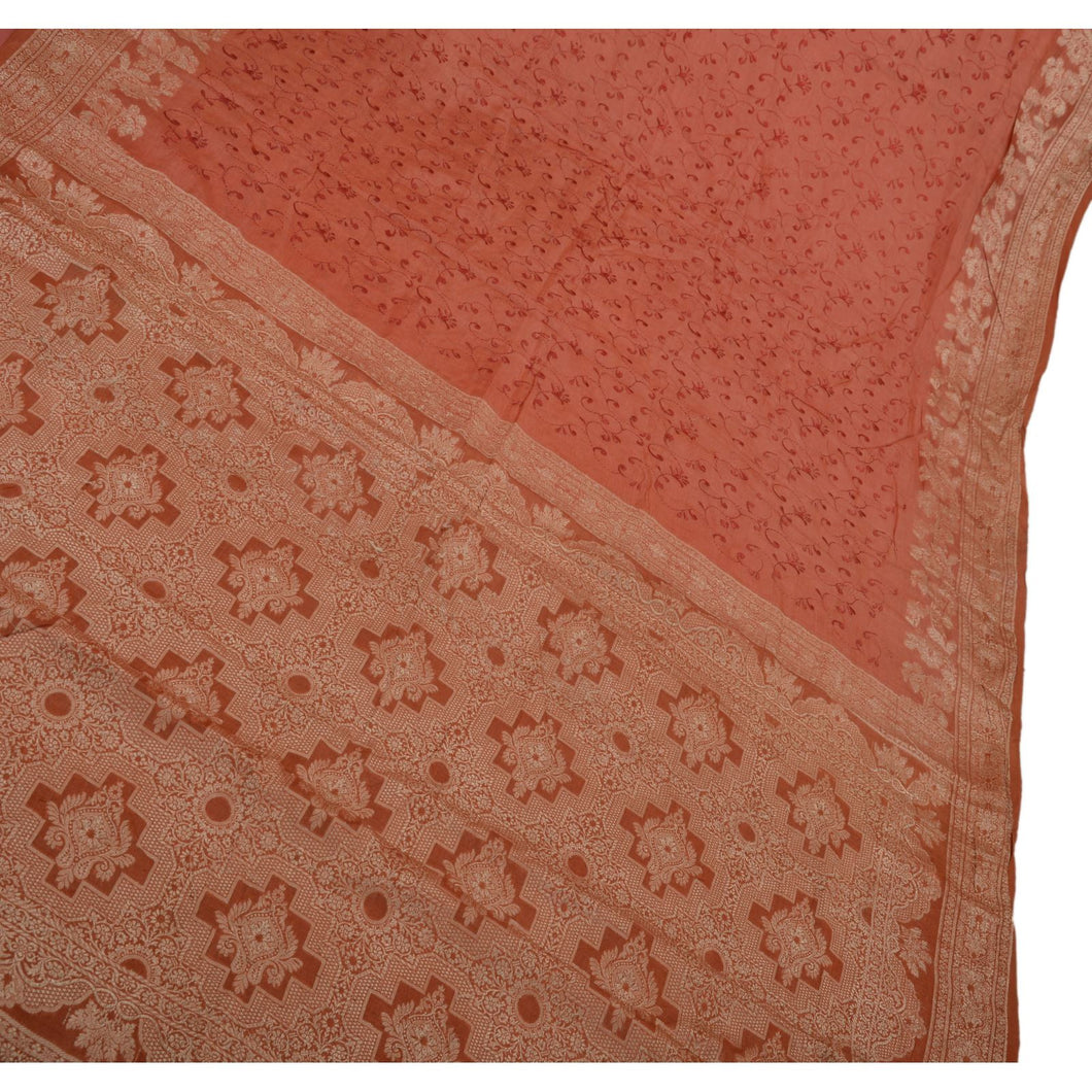 Antique Vintage Indian Saree 100% Pure Silk Woven Embroidered Peach Fabric Sari