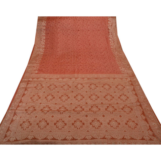 Sanskriti Vintage Indian Saree 100% Pure Silk Woven Embroidered Peach Sustainable Fabric Sari