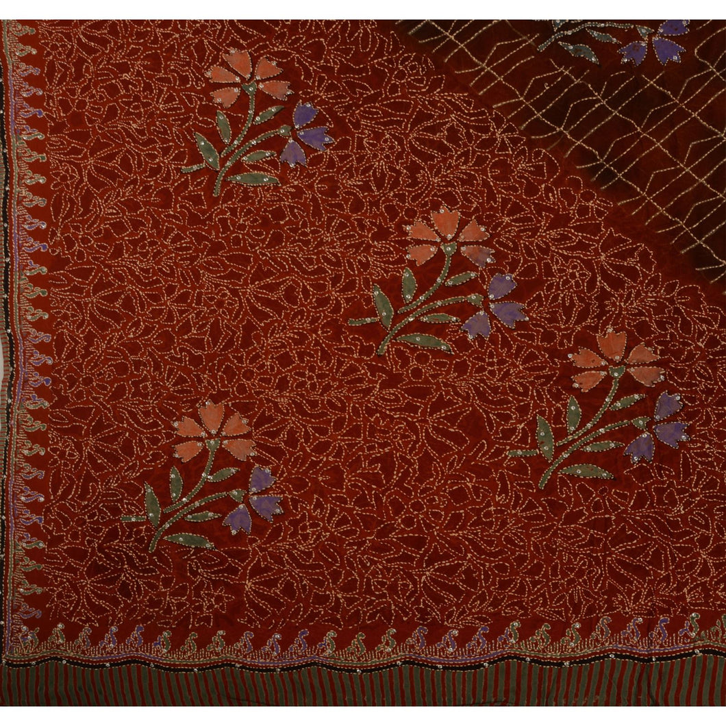 Antique Vintage Saree Pure Georgette Silk Hand Embroidery Fabric Kantha Sari