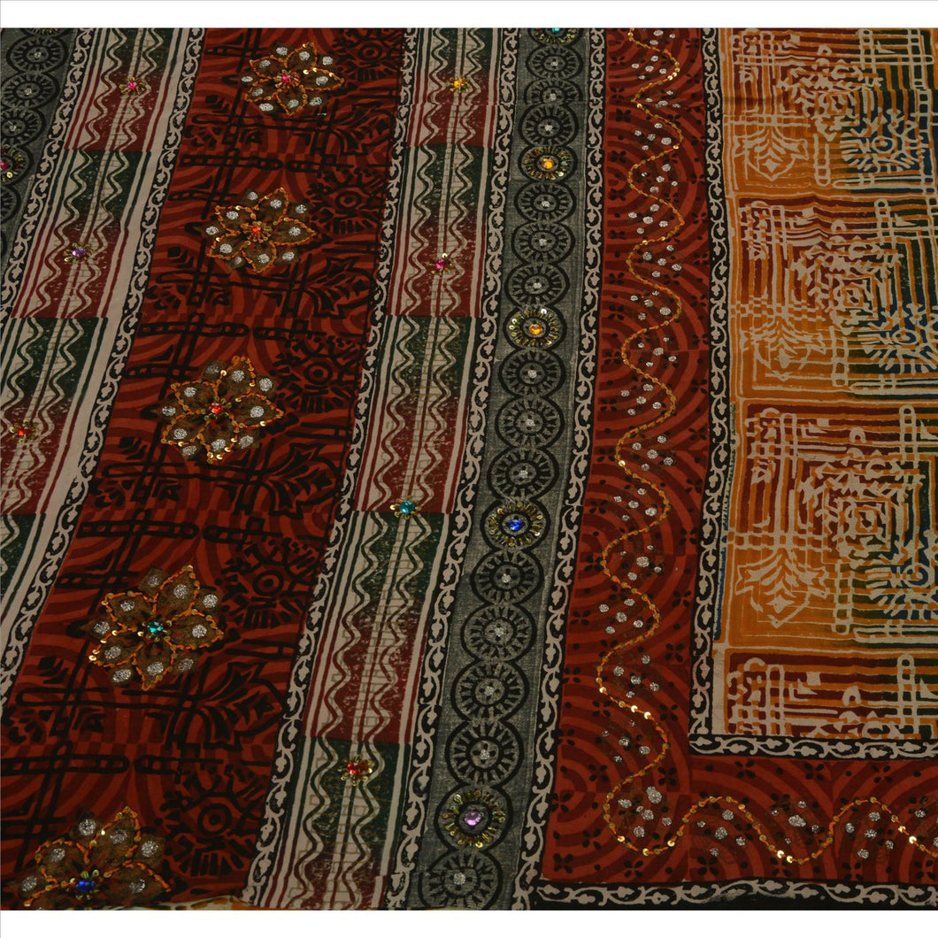 Vintage Indian Saree 100% Pure Crepe Silk Hand Beaded Fabric Sari Rhinestone