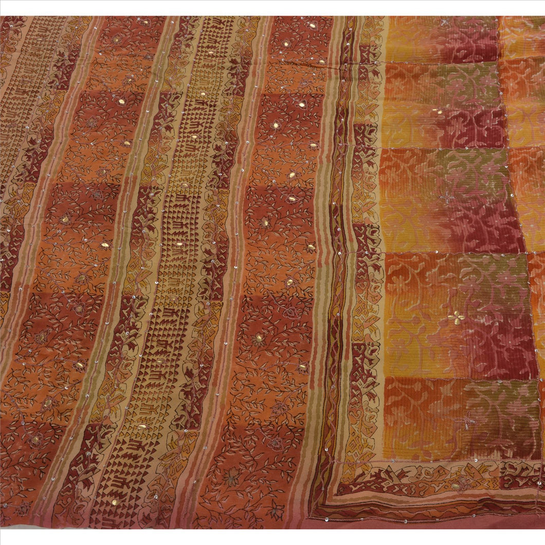 Vintage Saree 100% Pure Crepe Silk Hand Beaded Craft Fabric Sari Sequins Gota