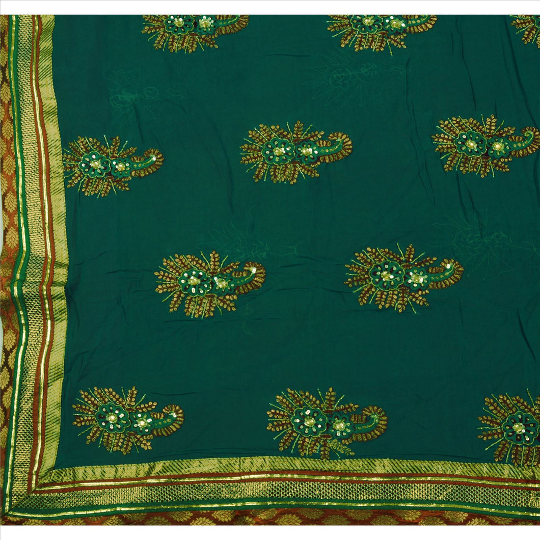 Sanskriti intage Indian Saree Georgette Hand Beaded Green Fabric Sari Sequins