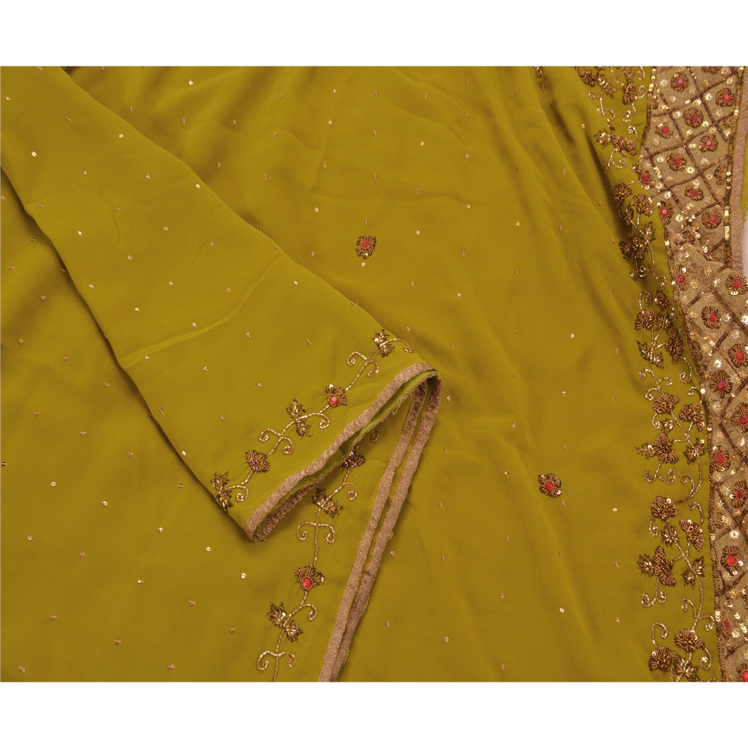 Sanskriti Vintage Green Saree Georgette Hand Beaded Green Fabric Premium Cultural Sari