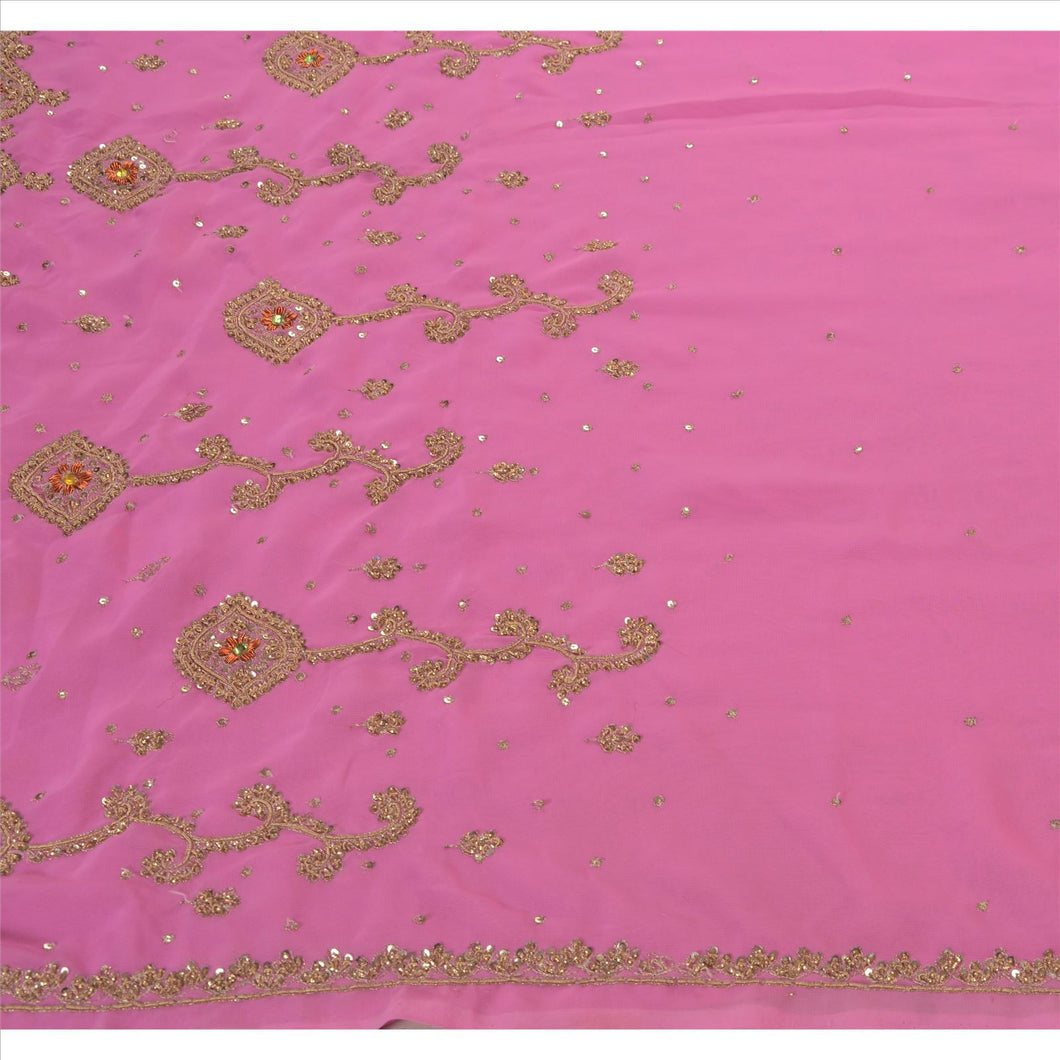 Sanskriti Vintage Indian Saree Georgette Hand Embroidery Pink Fabric Sari Zardozi