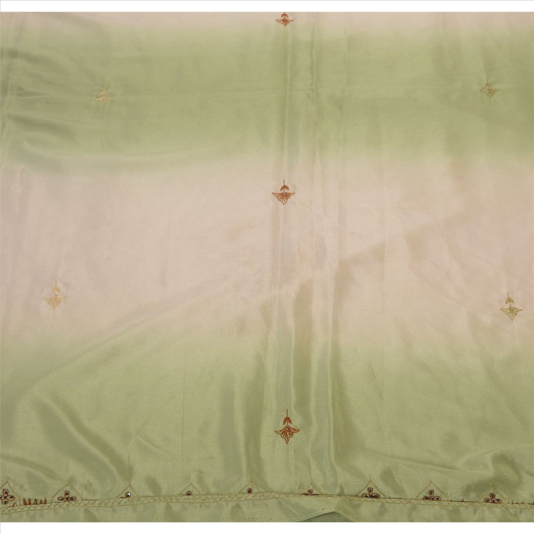 Antique Vintage Indian Saree Satin Silk Hand Embroidery Green Craft Fabric Sari