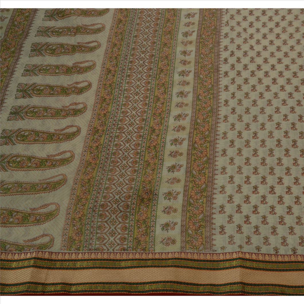 Sanskriti Vintage Indian Saree Cotton Printed Cream Craft Fabric Sari