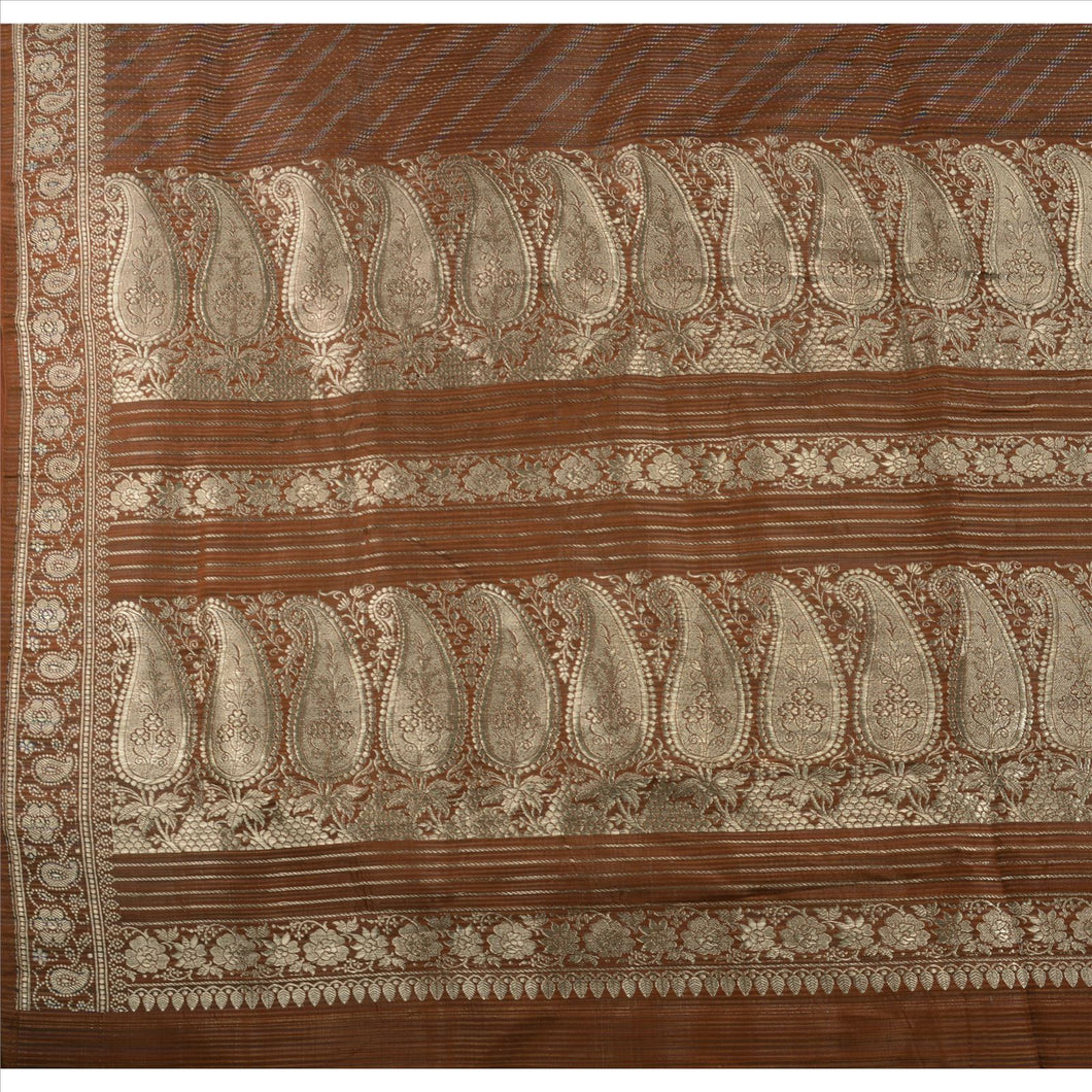 Sanskriti Vintage Indian Saree Satin Woven Brocade Brown Fabric Cultural Sari