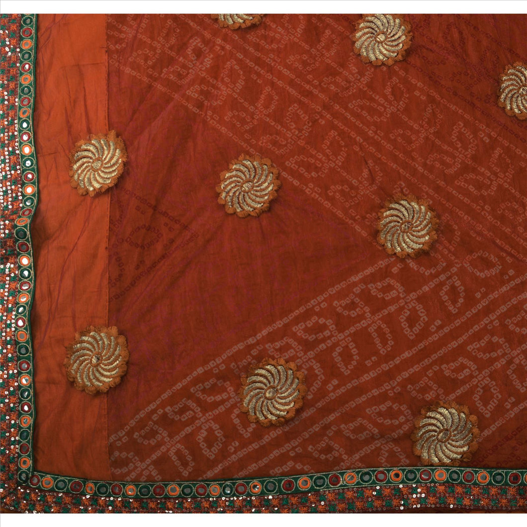 Sanskriti Vintage Indian Saree Net Mesh Embroidered Craft Fabric Bandhnai Sari