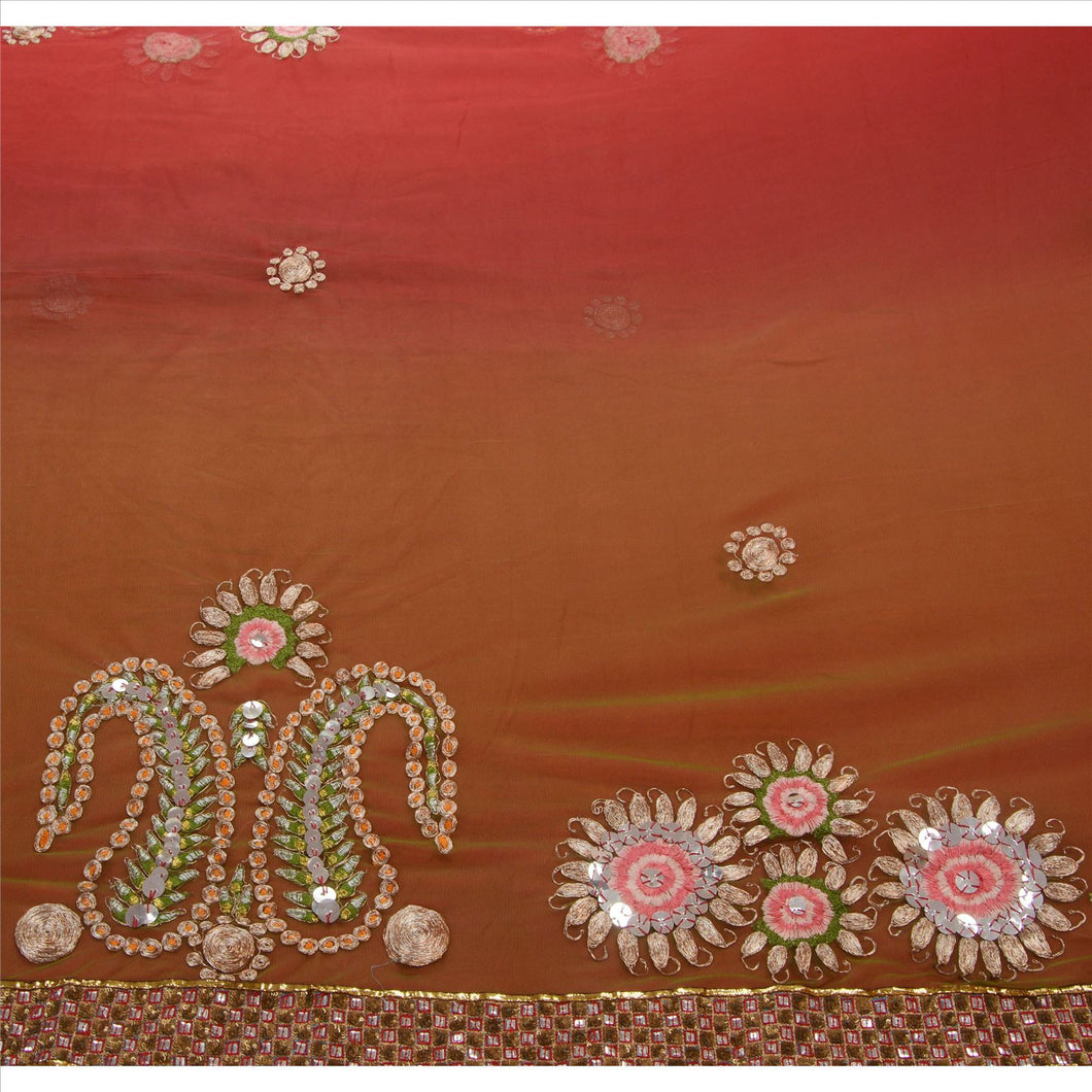 Antique Vintage Indian Saree Net Mesh Hand Embroidery Maroon Fabric Zari Sari