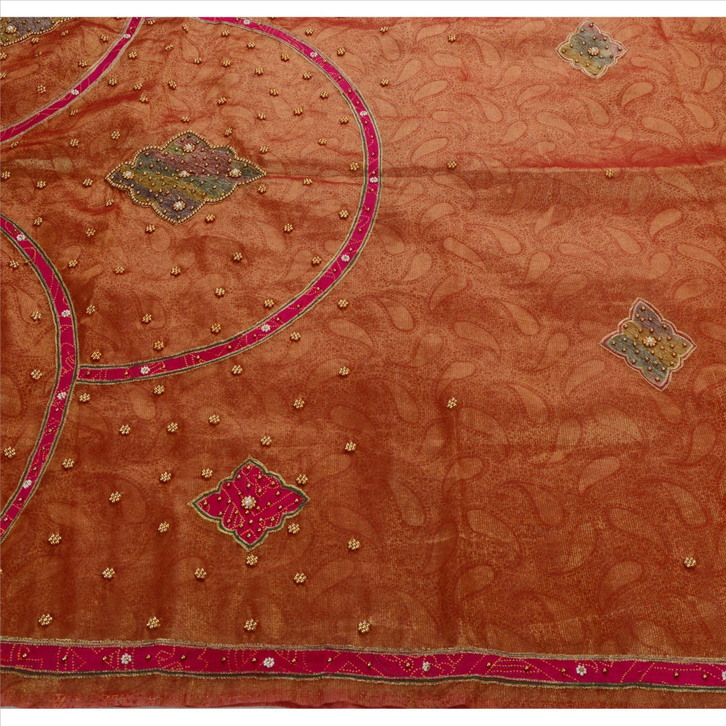 Sanskriti Antique Vintage Saree Tissue Hand Beaded Woven Maroon Fabric Sari