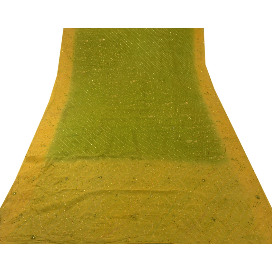 Sanskriti Vintage Indian Green Saree 100% Pure Georgette Silk Hand Beaded Craft Fabric Sari