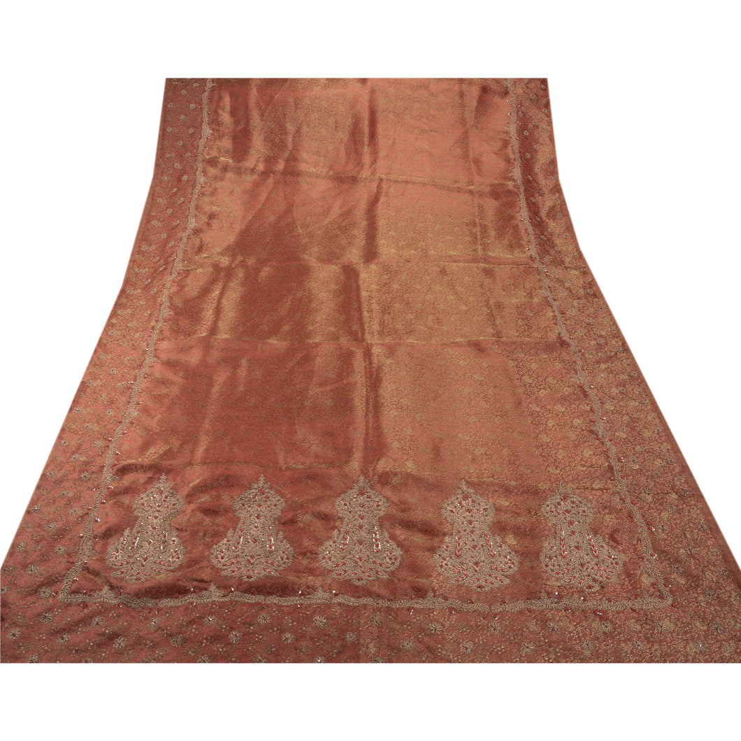 Sanskriti Vintage Indian Red Saree Tissue Hand Embroidery Woven Fabric Zardozi Sari