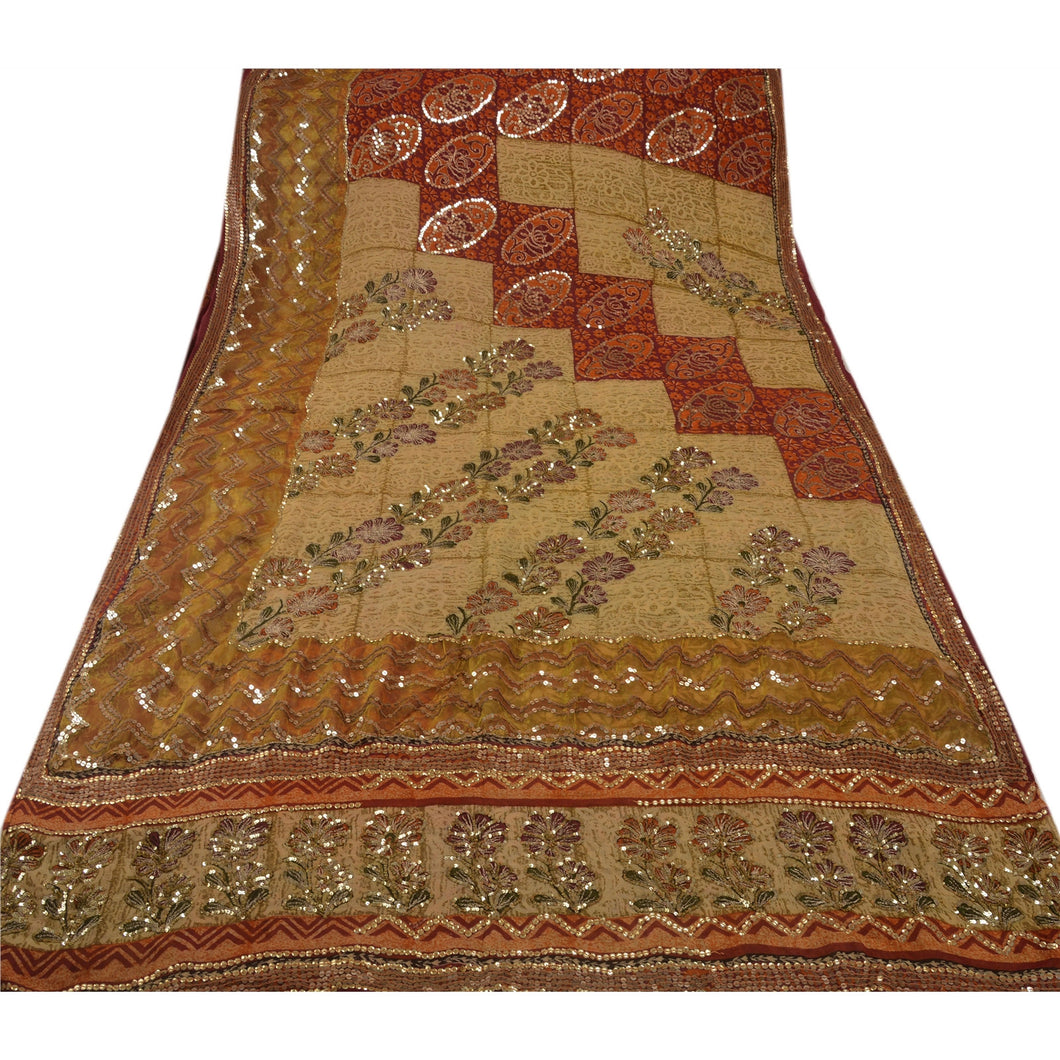 Sanskriti Vintage Indian Saree Blend Georgette Hand Beaded Fabric Sequins Sari