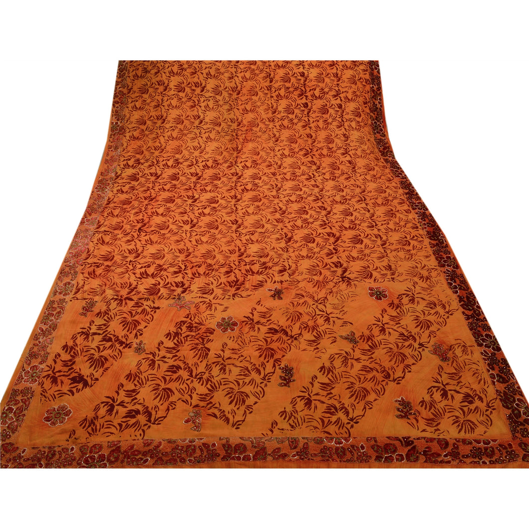 Sanskriti Vintage Saree 100% Pure Crepe Silk Hand Embroidery Fabric Glass Sari
