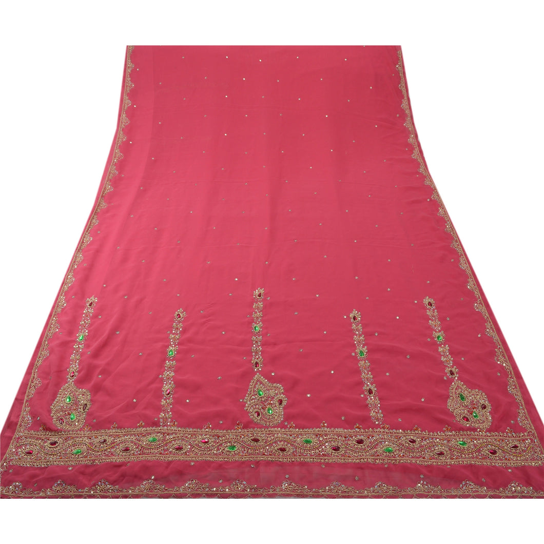 Sanskriti Antique Vintage Saree Georgette Hand Embroidery Pink Fabric Zari Sari