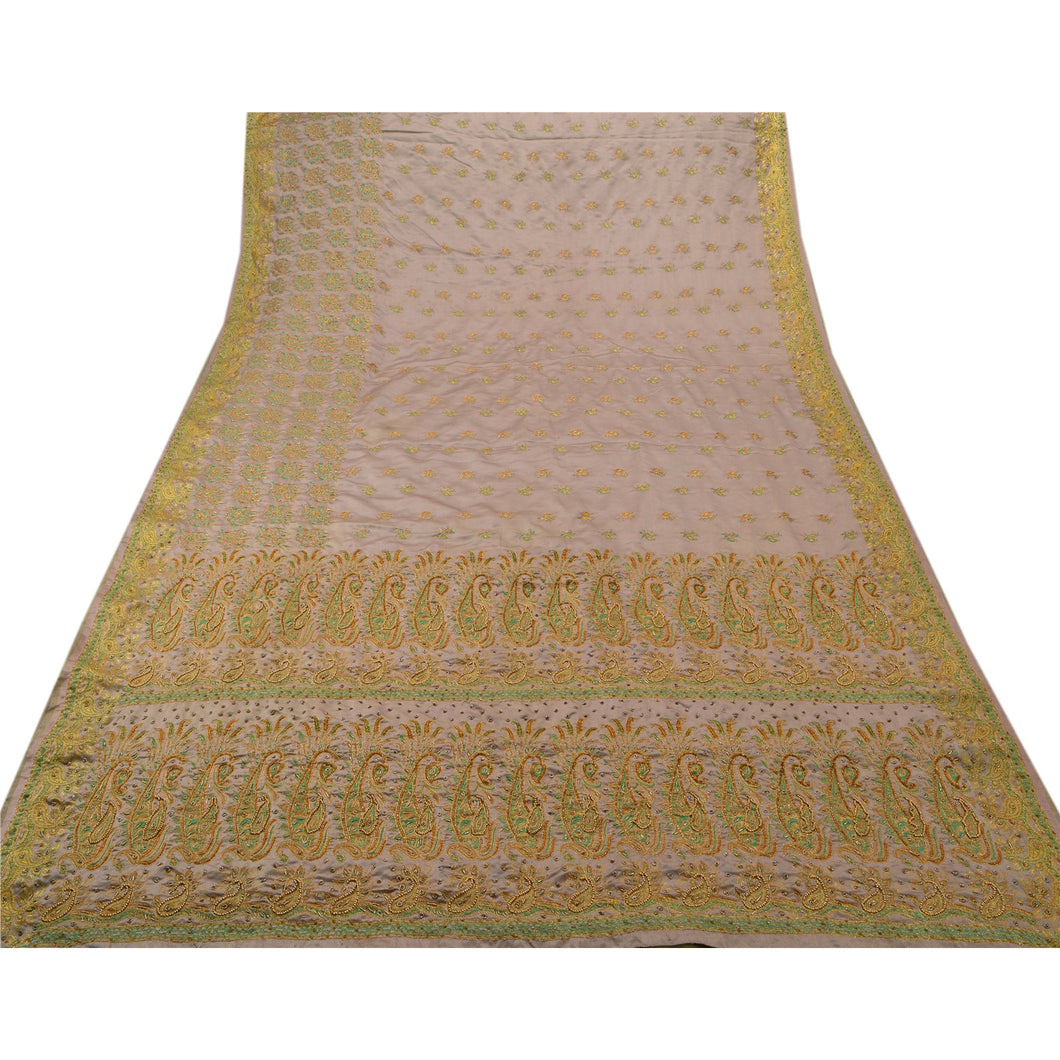 Sanskriti Antique Vintage Saree Satin Silk Hand Embroidery Woven Fabric Sari