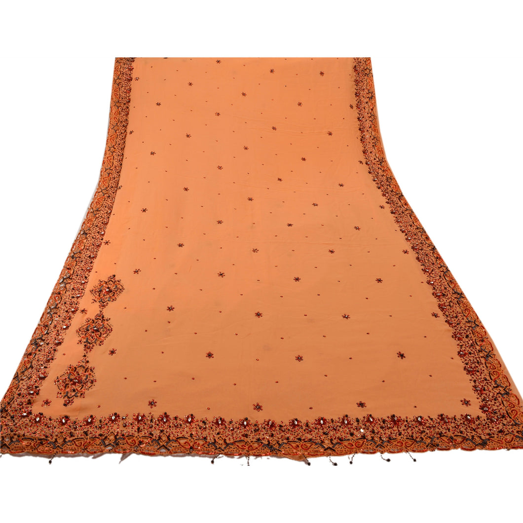 Sanskriti Vintage Peach Saree Pure Georgette Silk Hand Embroidery Fabric Kundan Sari