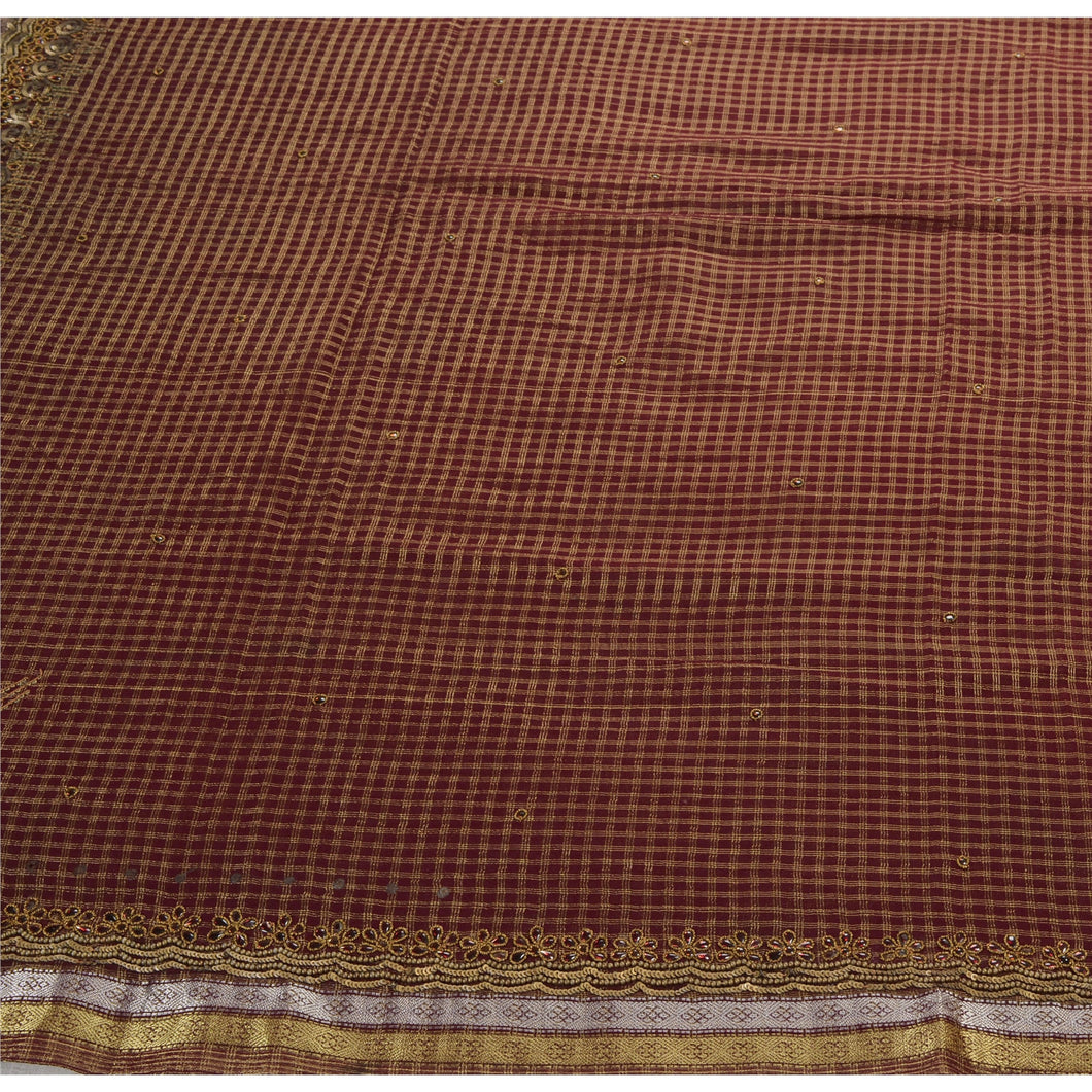 Antique Vintage Saree Blend Georgette Hand Embroidery Brown Woven Fabric Sari