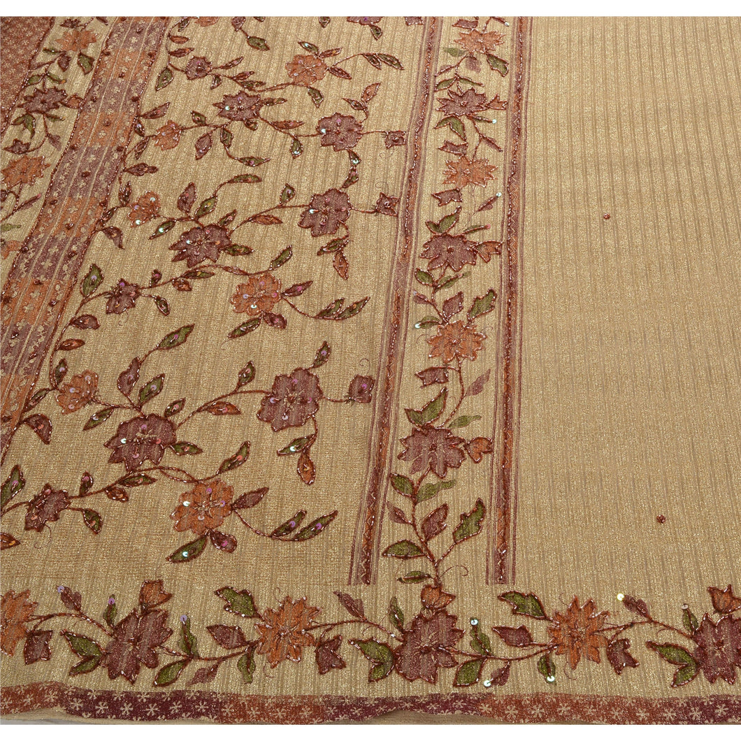 Sanskriti Vintage Saree Net Mesh Hand Beaded Woven Fabric Ethnic Yard Sari