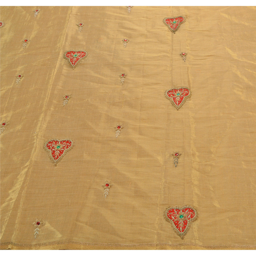 Vintage Indian Saree 100% Pure Cotton Hand Beaded Golden Craft Fabric Zari Sari