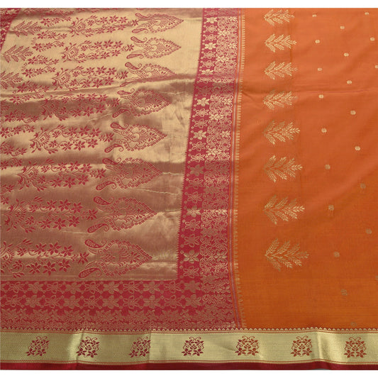 Sanskriti Vintage Indian Saree Art Silk Woven Craft Sustainable Fabric Orange Floral Sari