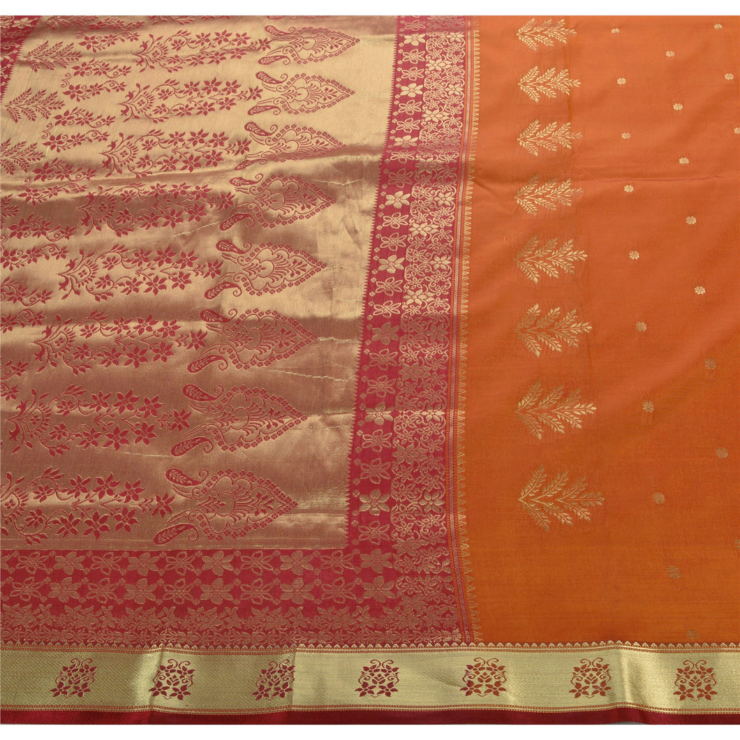 Sanskriti Vintage Indian Saree Art Silk Woven Craft Fabric Orange Floral Sari