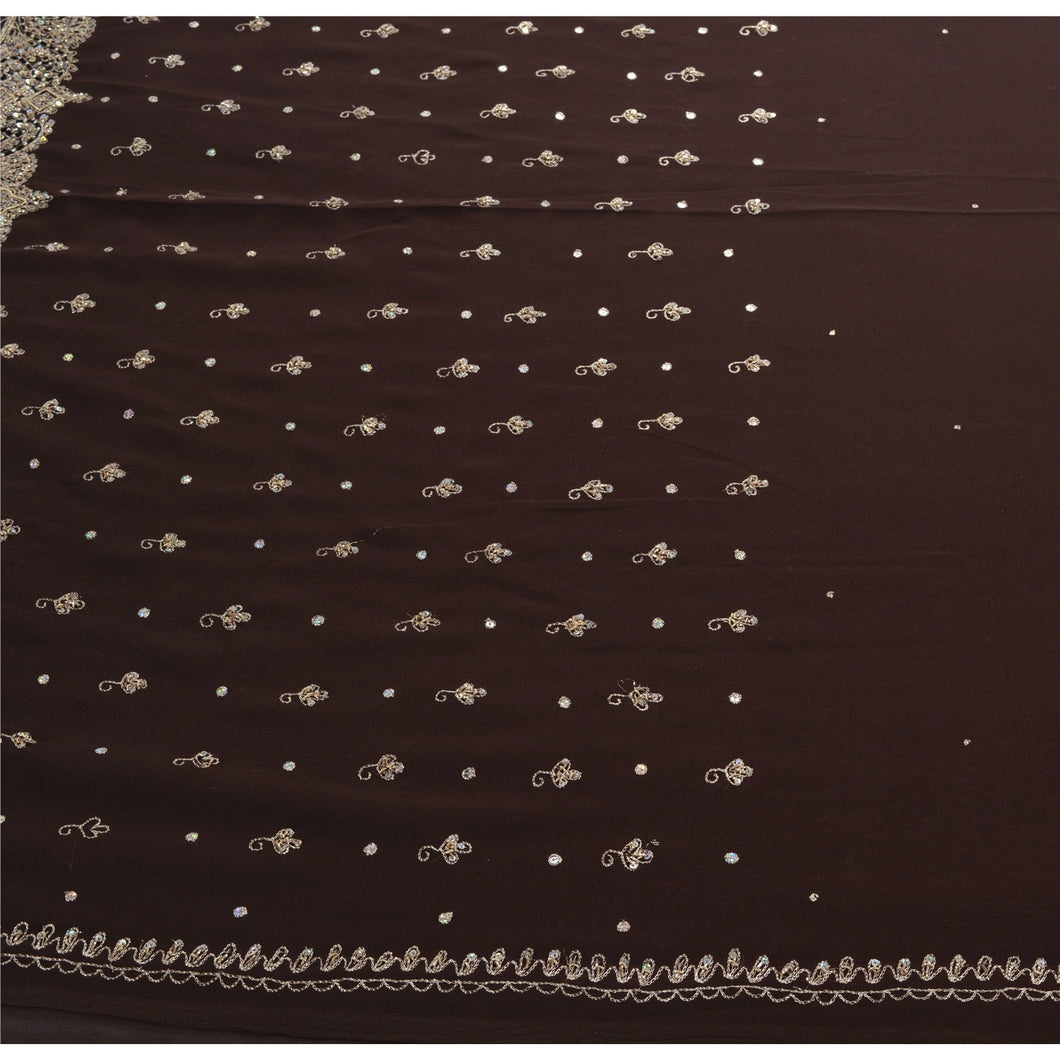 Sanskriti Vintage Indian Brown Saree Georgette Hand Beaded Fabric Zari Cultural Sari