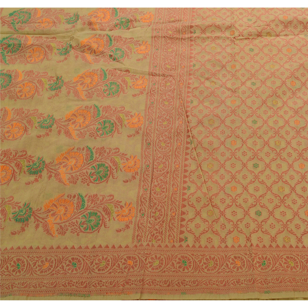Sanskriti Vintage Indian Saree Silk Blend Woven Cream Craft Fabric Floral Sari