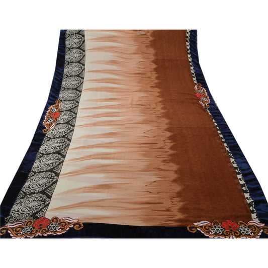 Sanskriti Vintage Indian Saree Georgette Embroidered Brown Craft Sustainable Fabric Sari