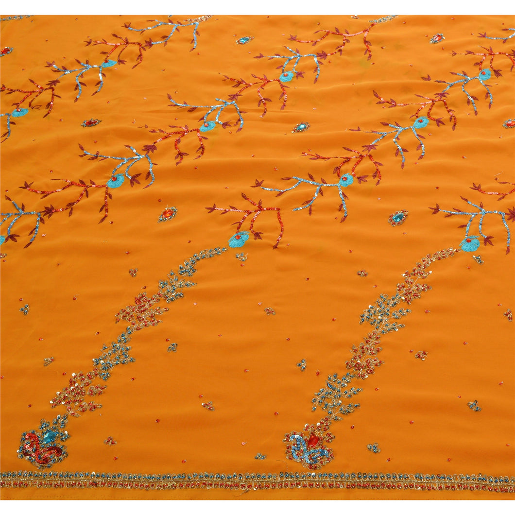 Sanskriti Vintage Indian Saree Georgette Hand Beaded Orange Fabric Sequins Sari