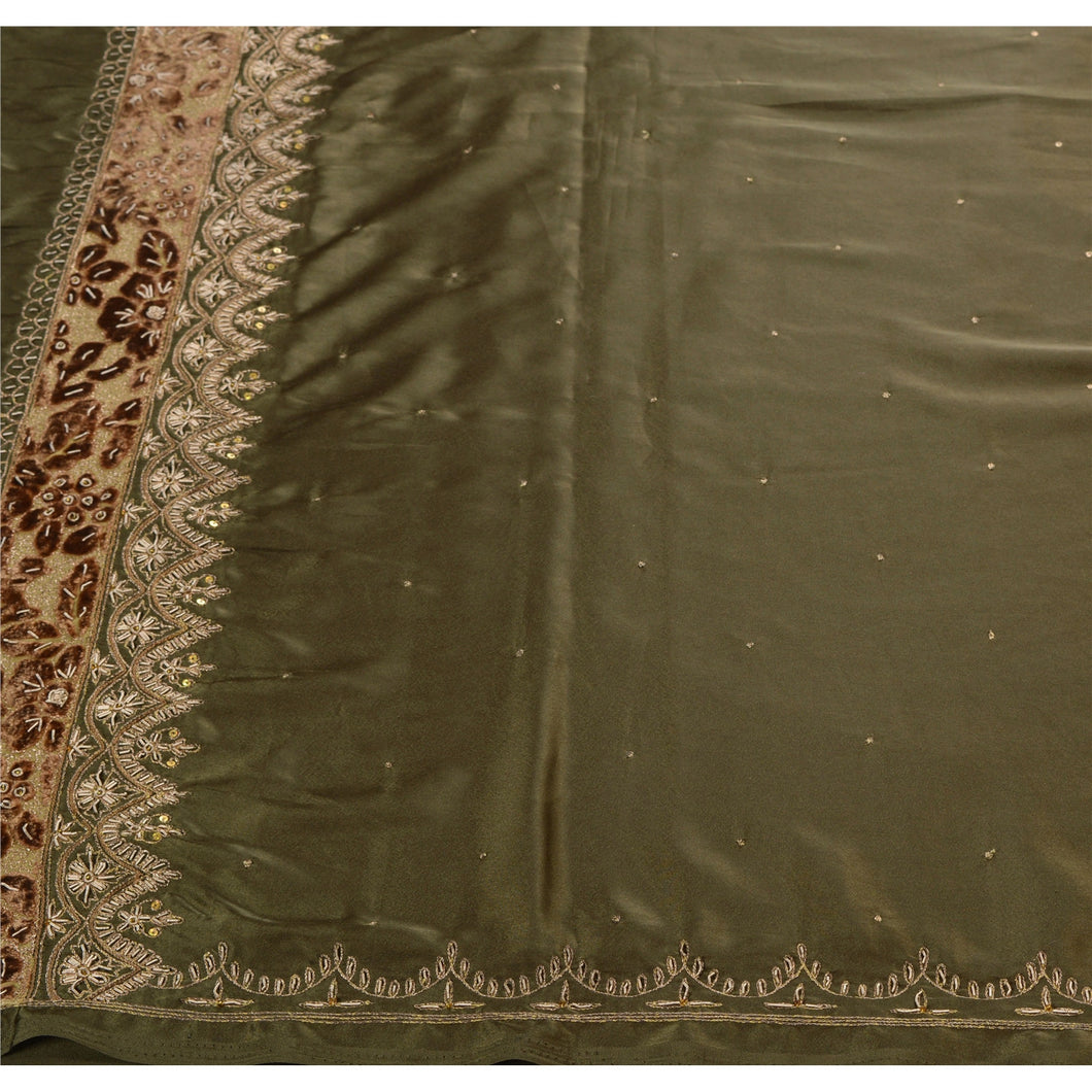 Sanskriti Vintage Indian Saree Satin Silk Hand Beaded Green Craft Fabric Zari Sari