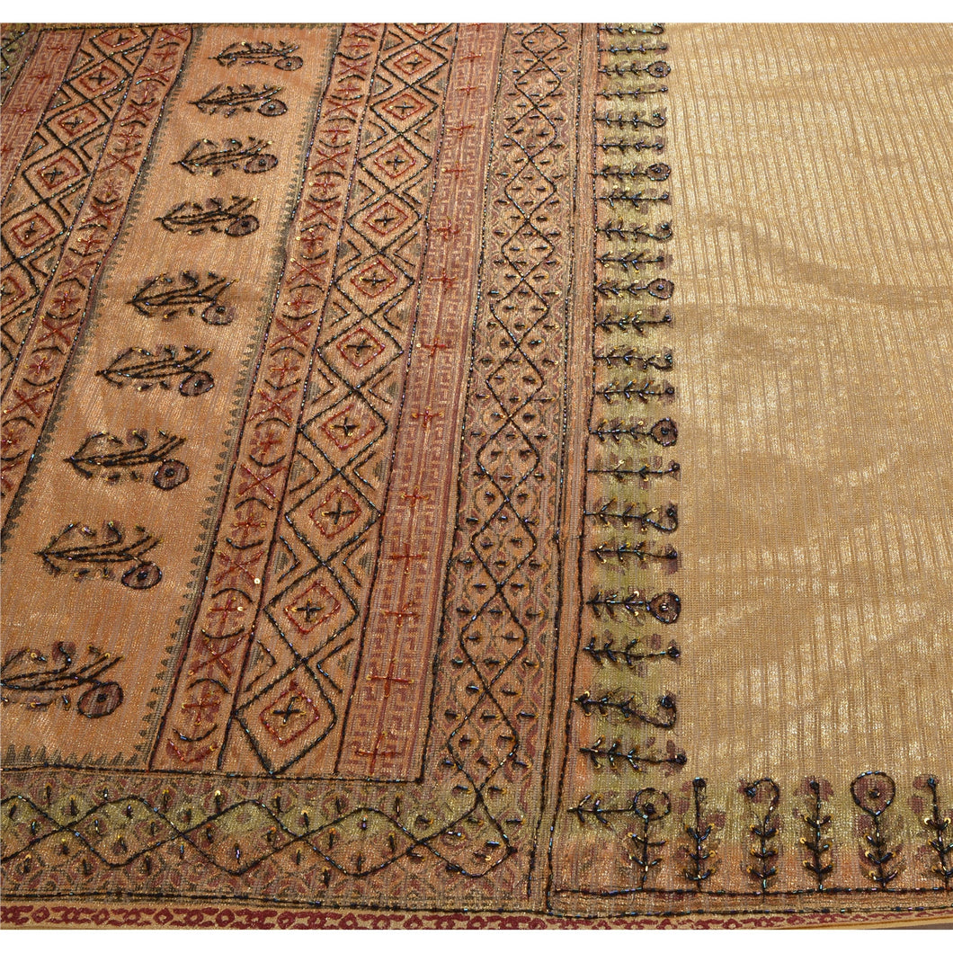 Sanskriti Vintage Indian Saree Net Mesh Hand Beaded Fabric Ethnic Premium Sari