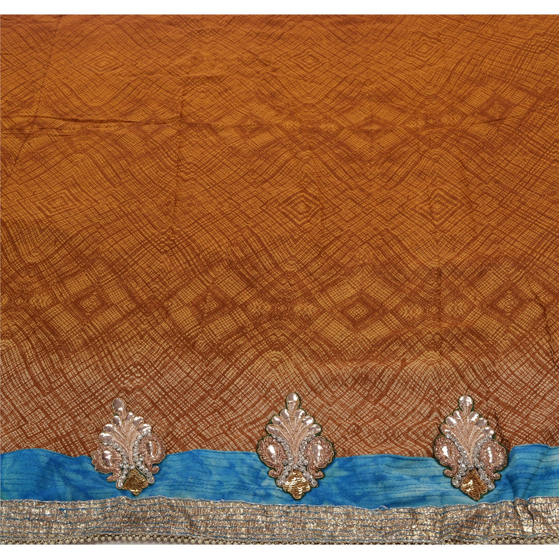 Sanskriti Vintage Hand Beaded Pure Georgette Silk Sari - Brown Zari Zardozi Ethnic Fabric 6 Yd Create- Upcycled Sarongs, Scarves, or Stoles