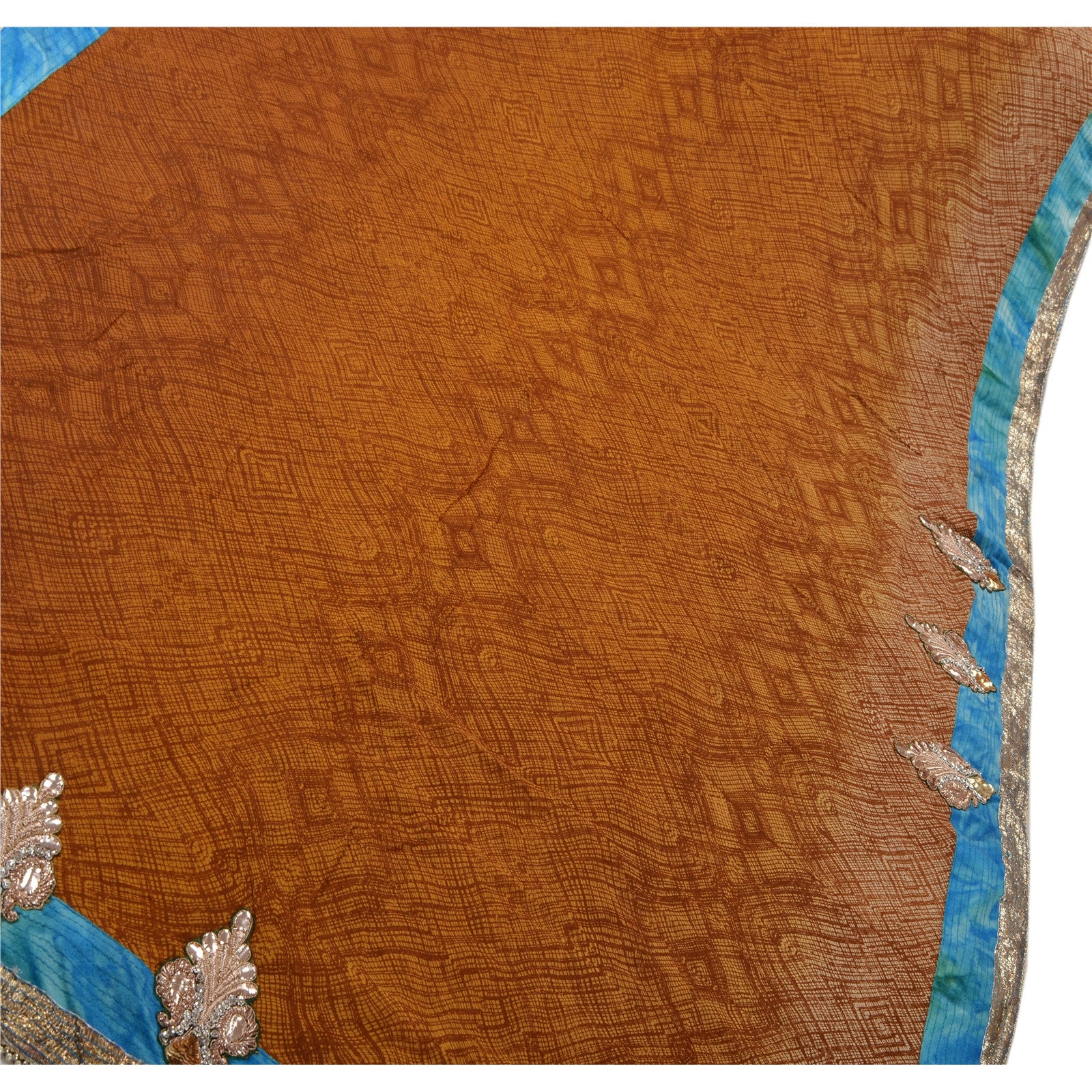 Sanskriti Vintage Hand Beaded Pure Georgette Silk Sari - Brown Zari Zardozi Ethnic Fabric 6 Yd Create- Upcycled Sarongs, Scarves, or Stoles