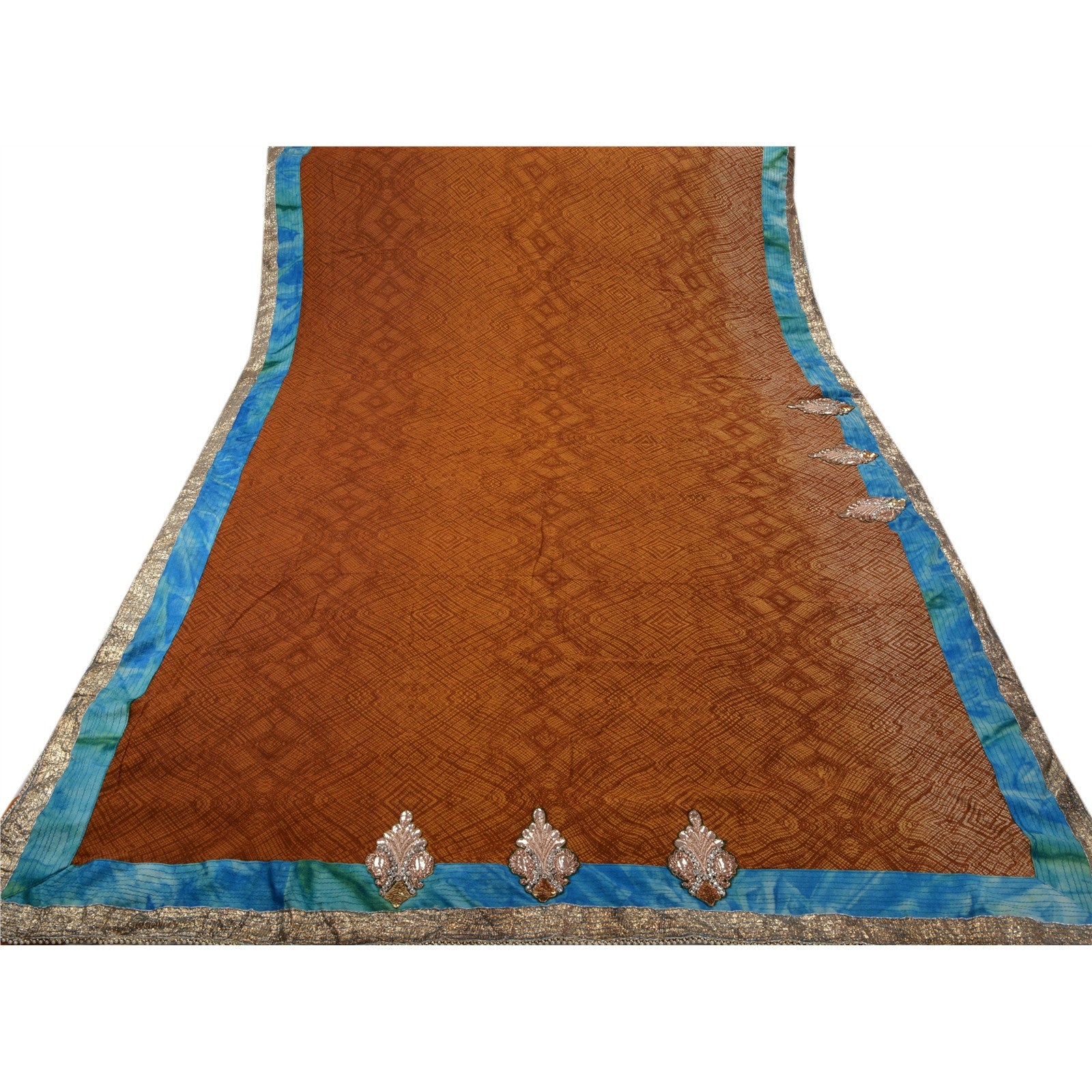 Sanskriti Vintage Hand Beaded Pure Georgette Silk Sari - Brown Zari Zardozi Ethnic Fabric 6 Yd Create- Upcycled Sarongs, Scarves, or Stoles