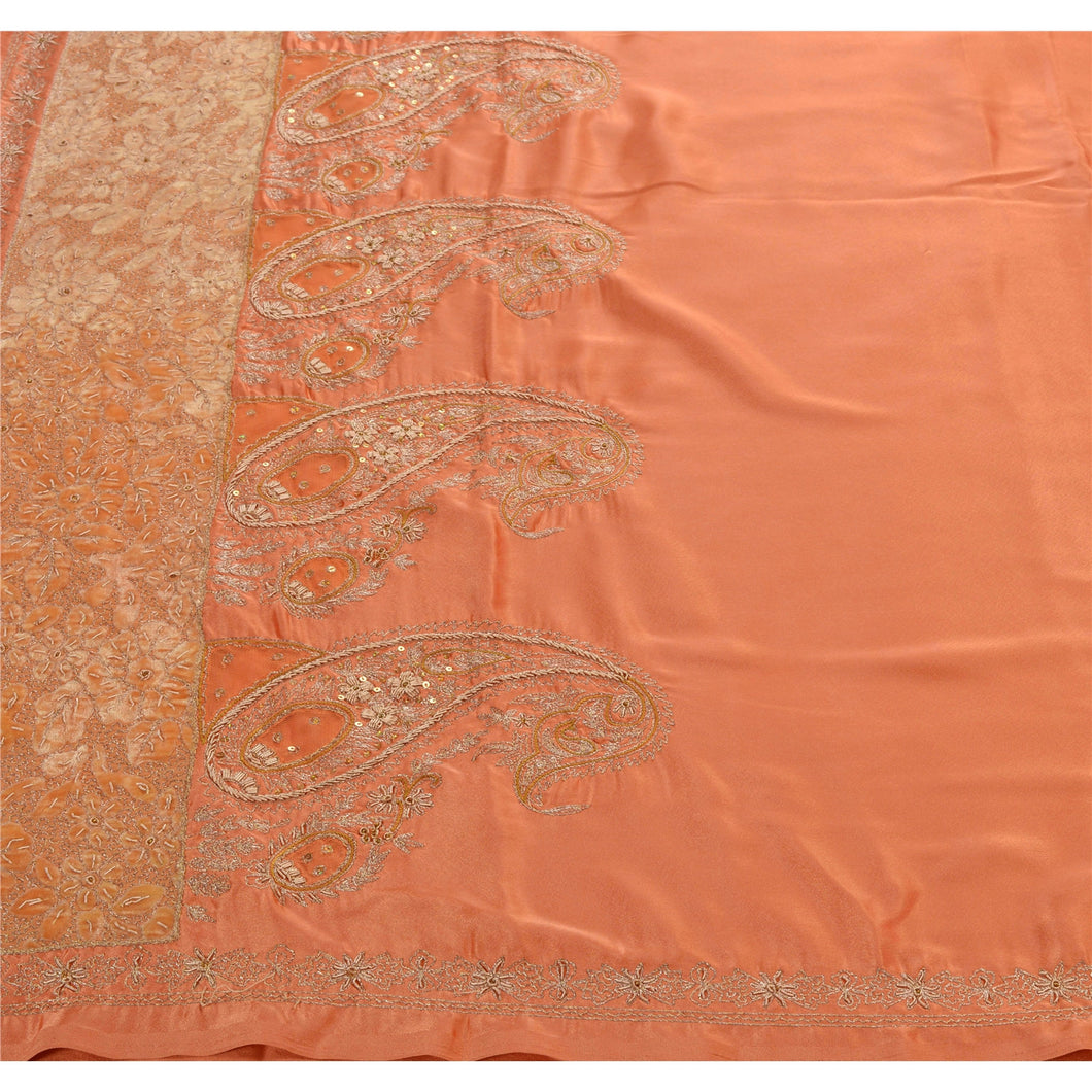 Sanskriti Antique Vintage Peach Saree Satin Silk Hand Embroidery Fabric Premium Sari