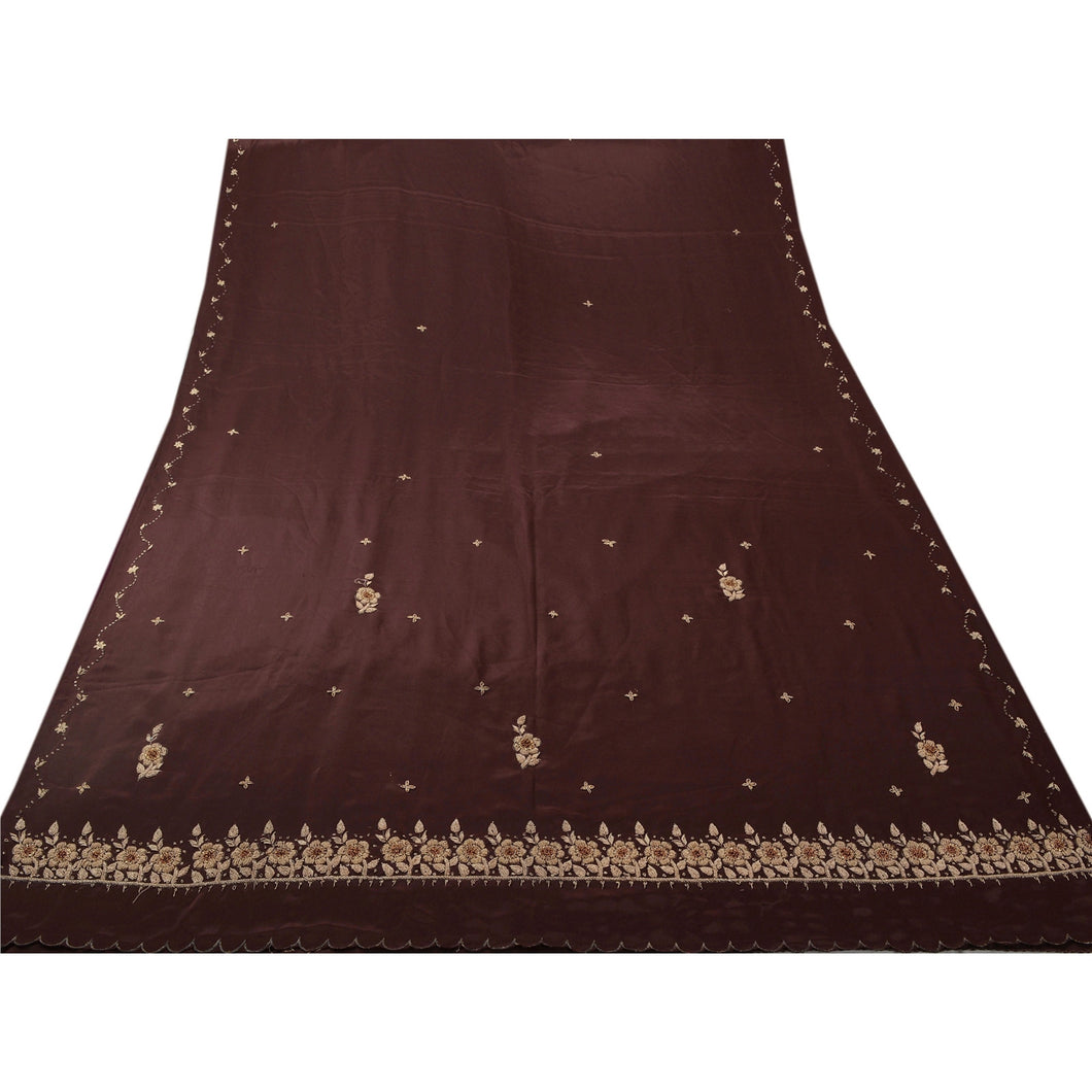 Sanskriti Vintage Brown Saree Art Silk Hand Embroidered Craft Fabric Premium Sari