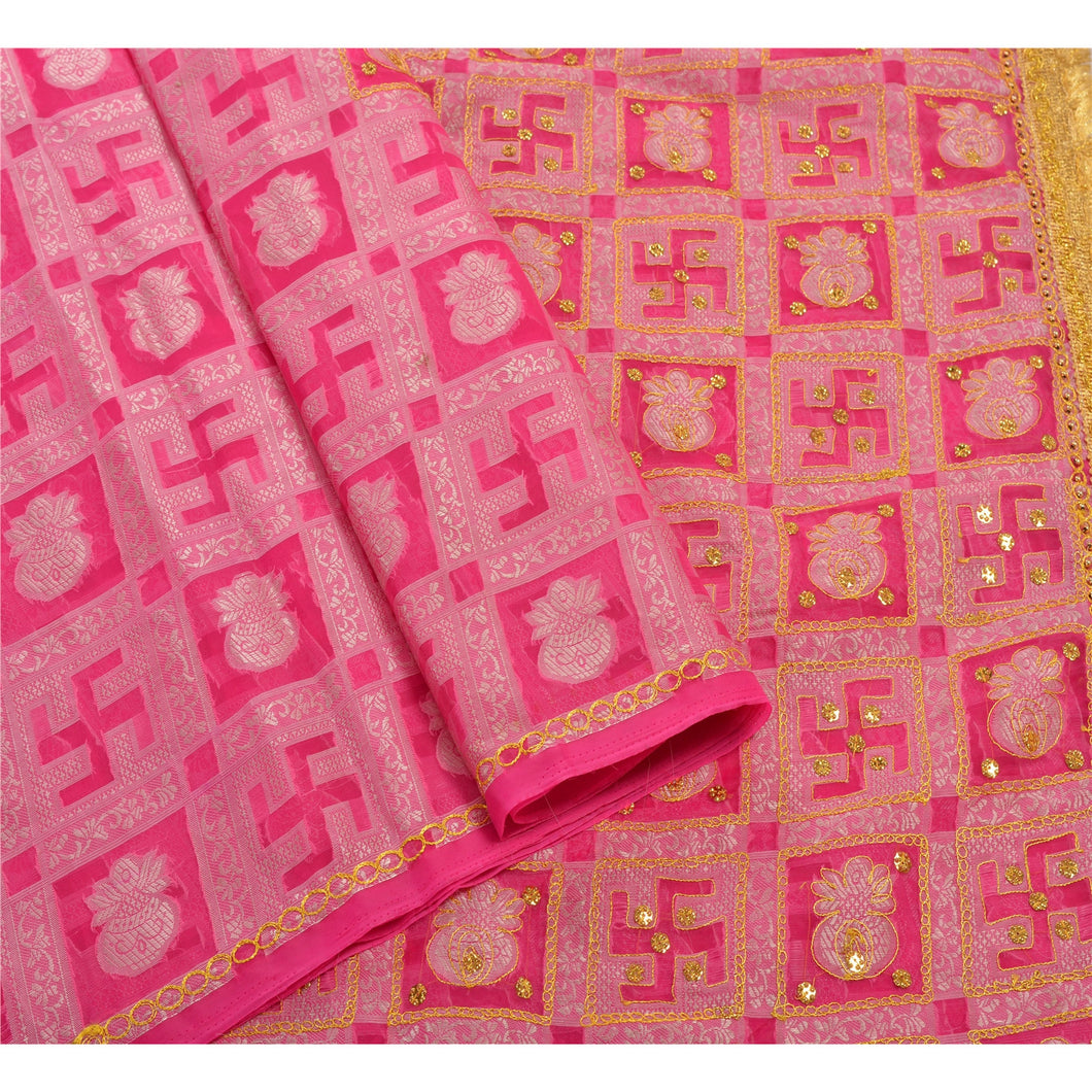 Sanskriti Antique Vintage Pink Saree Art Silk Hand Embroidery Woven Fabric Sari