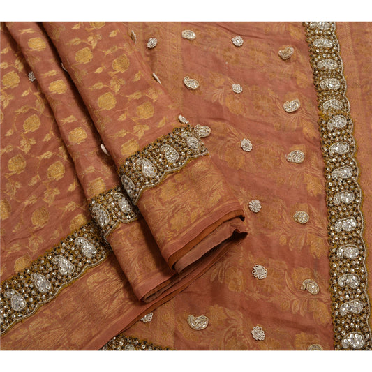 Sanskriti Vintage Indian Brown Saree 100% Pure Silk Hand Embroidery Woven Sustainable Fabric Sari