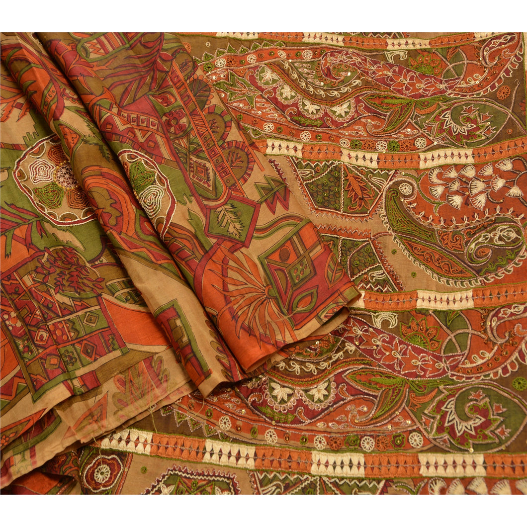 Sanskriti Antique Vintage Saree 100% Pure Silk Hand Beaded Fabric Premium Sari