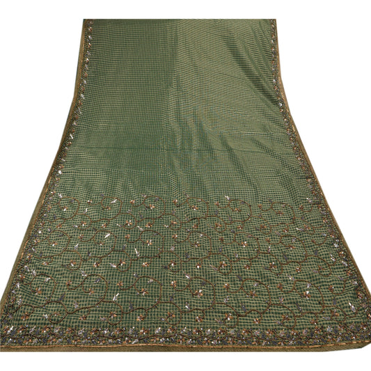 Sanskriti Vintage Indian Green Saree Georgette Hand Embroidery Woven Sustainable Fabric Premium Sari