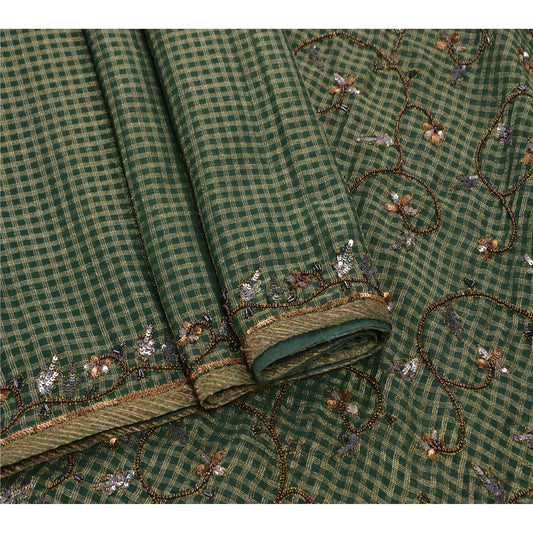 Sanskriti Vintage Indian Green Saree Georgette Hand Embroidery Woven Sustainable Fabric Premium Sari
