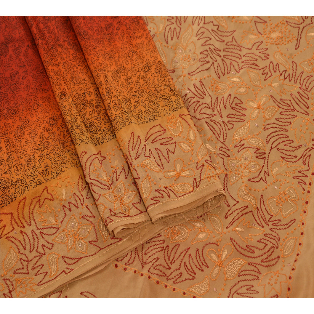 Vintage Indian Saree 100% Pure Crepe Silk Hand Embroidered Fabric Premium Sari
